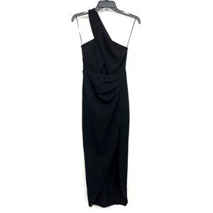 VICI Olia Dress Black One Shoulder Cut Out Tulip Hem Midi Cocktail